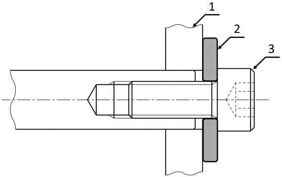 Șaibă de preîncărcare într-o conexiune cu șurub: (1) Placă, (2) Discul metalic, (3) Șurub – cap hexagonal interior