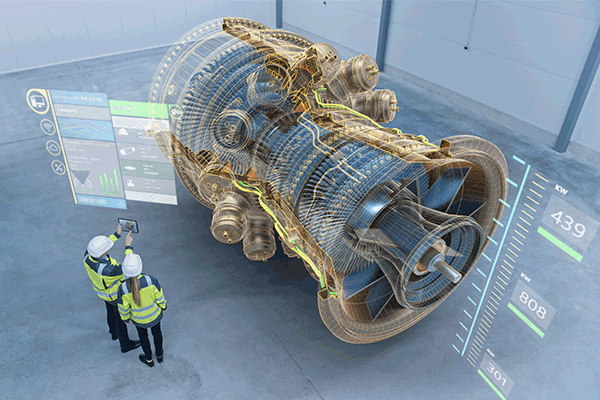 Two people use a tablet to view a virtual prototype of a machine component.